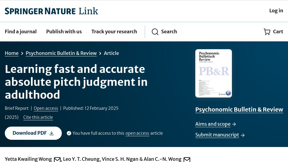 Screenshot of link.springer.com: Learning fast and accurate absolute pitch judgment in adulthood