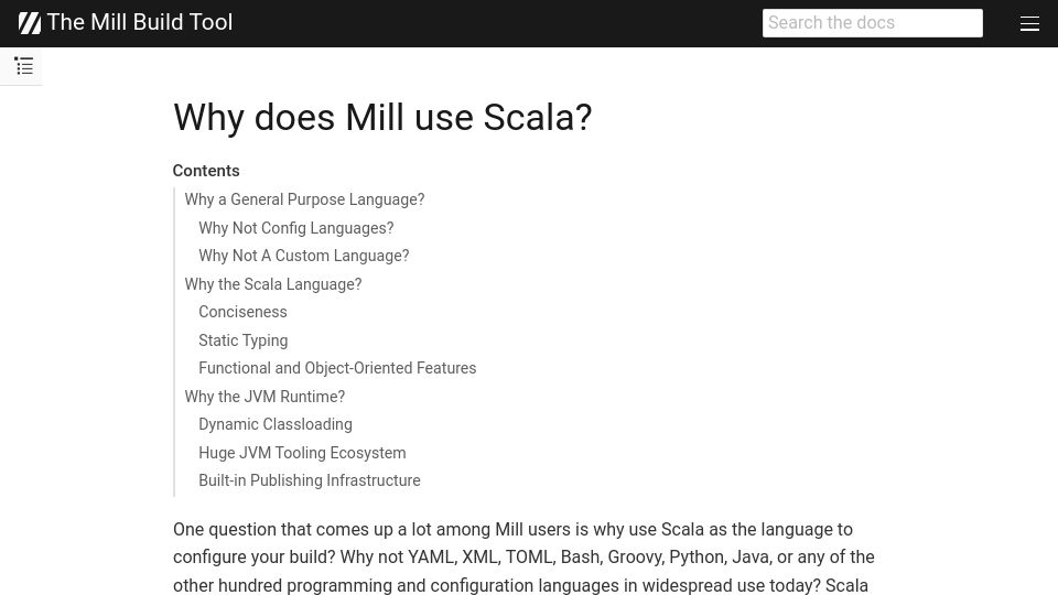 Screenshot of mill-build.org: Why does Mill use Scala?