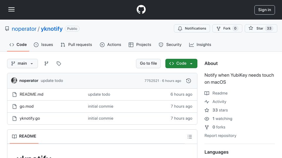 Screenshot of github.com: Show HN: yknotify – Notify when YubiKey needs touch on macOS