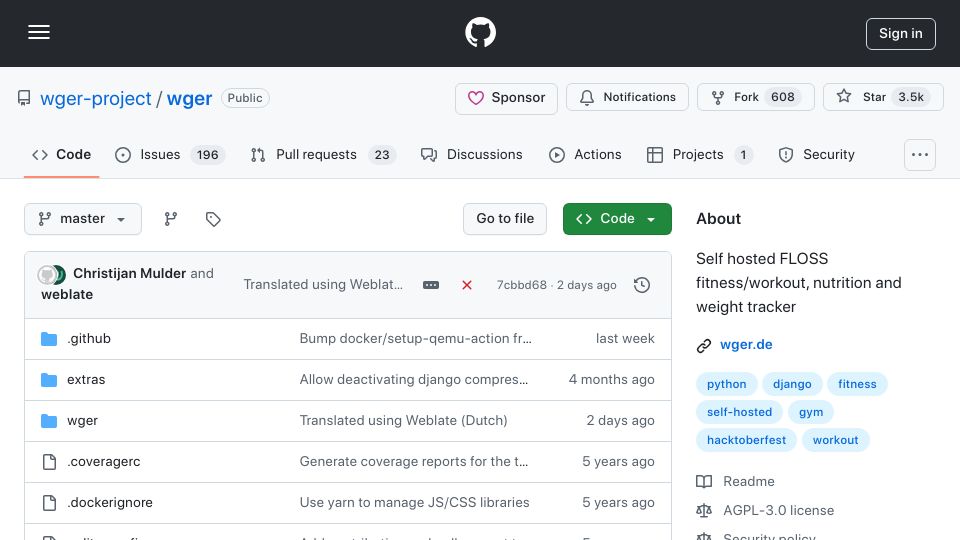 Screenshot of github.com: Self hosted FLOSS fitness/workout tracker
