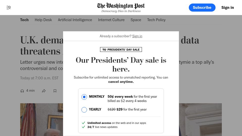 Screenshot of washingtonpost.com: U.K. demand for a back door to Apple data threatens Americans, lawmakers say