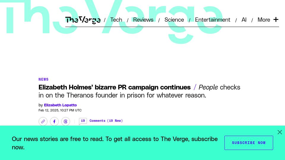 Screenshot of theverge.com: Elizabeth Holmes' PR campaign continues