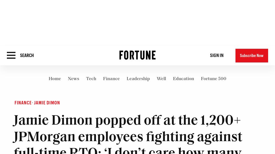 Screenshot of fortune.com: JPMorgan CEO: "I don't care how many people sign that f—ing [WFH] Petition"