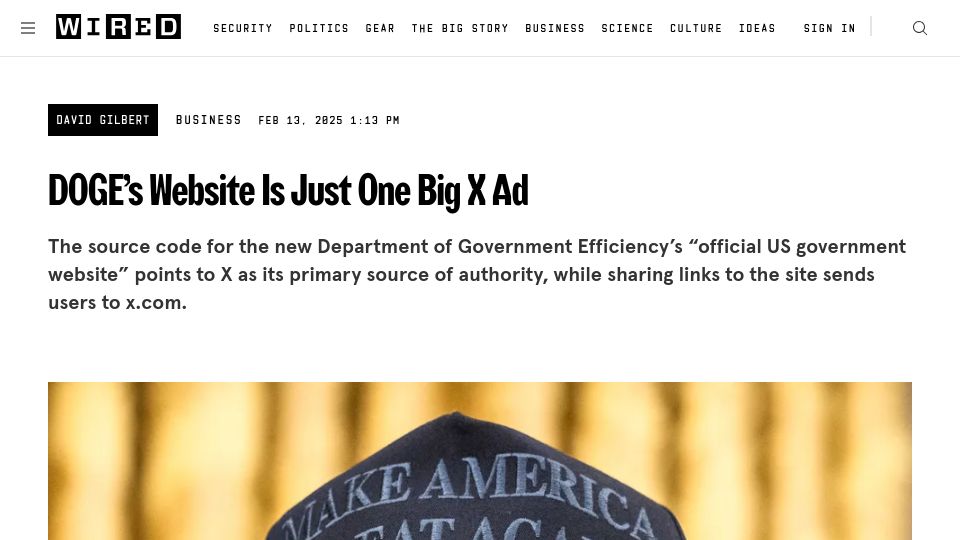 Screenshot of wired.com: DOGE's Website Is Just One Big X Ad