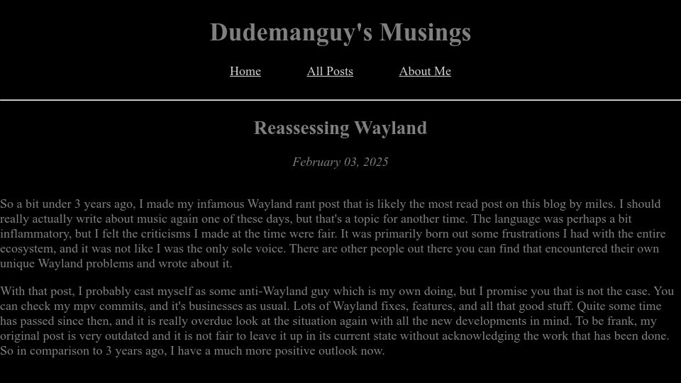 Screenshot of dudemanguy.github.io: Reassessing Wayland