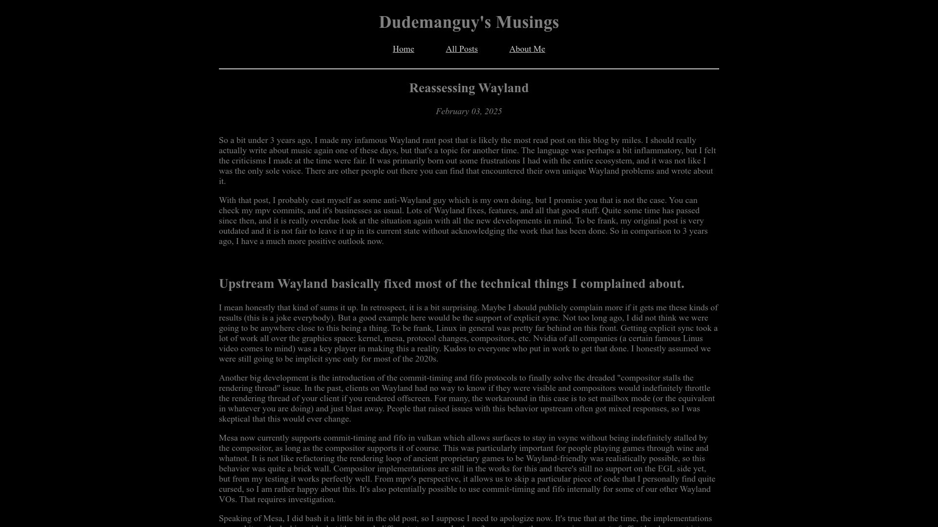Screenshot of dudemanguy.github.io: Reassessing Wayland