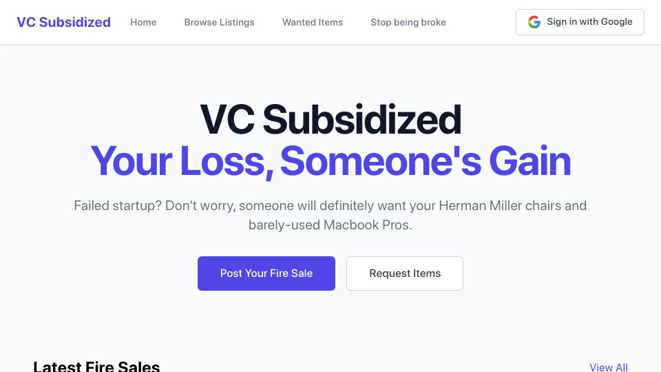 Screenshot of vcsubsidized.com: I built a failed startups goods website and named it VcSubsidized.com
