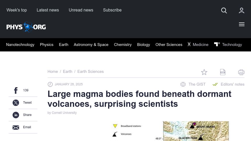 Screenshot of phys.org: Large magma bodies found beneath dormant volcanoes