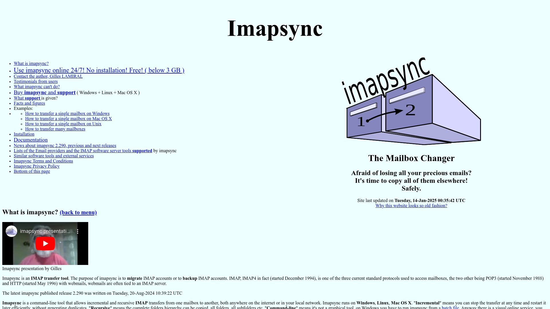 Screenshot of imapsync.lamiral.info: Imapsync
