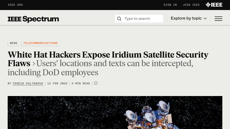 Screenshot of spectrum.ieee.org: White Hat Hackers Expose Iridium Satellite Security Flaws