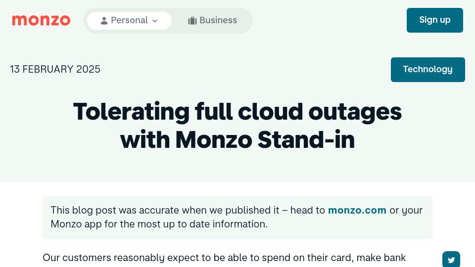 Screenshot of monzo.com: Tolerating full cloud outages with Monzo Stand-in