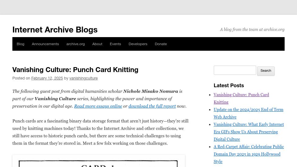 Screenshot of blog.archive.org: Vanishing Culture: Punch Card Knitting