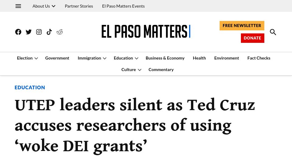 Screenshot of elpasomatters.org: UTEP leaders silent as Ted Cruz accuses researchers of using 'woke DEI grants'
