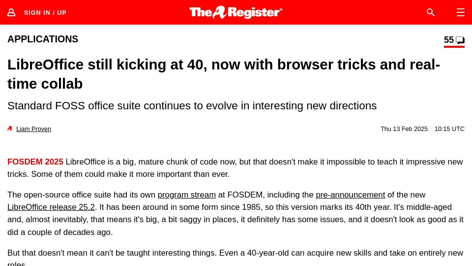 Screenshot of theregister.com: LibreOffice still kicking at 40, now with browser tricks and real-time collab