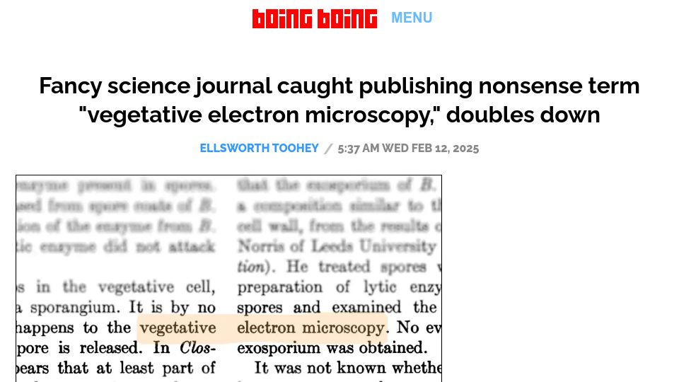 Screenshot of boingboing.net: AI column-smashes words, concocts scientific term now used in 20 papers