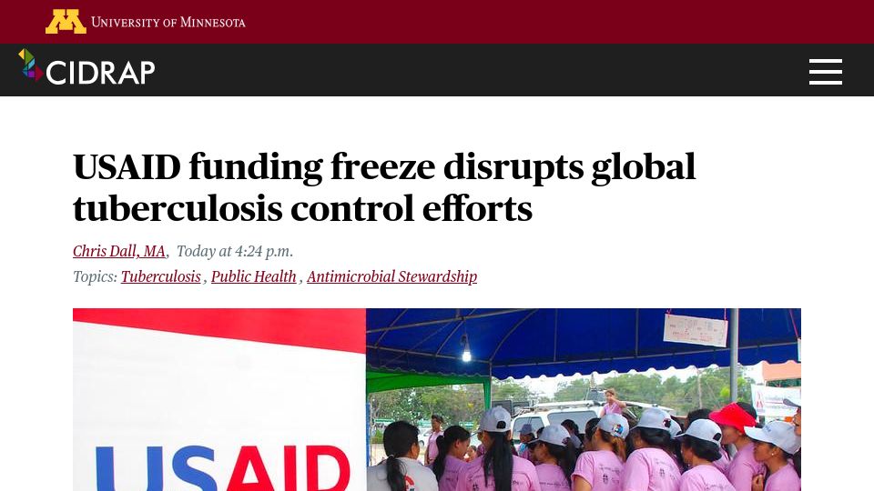 Screenshot of cidrap.umn.edu: Usaid funding freeze disrupts global tuberculosis control efforts