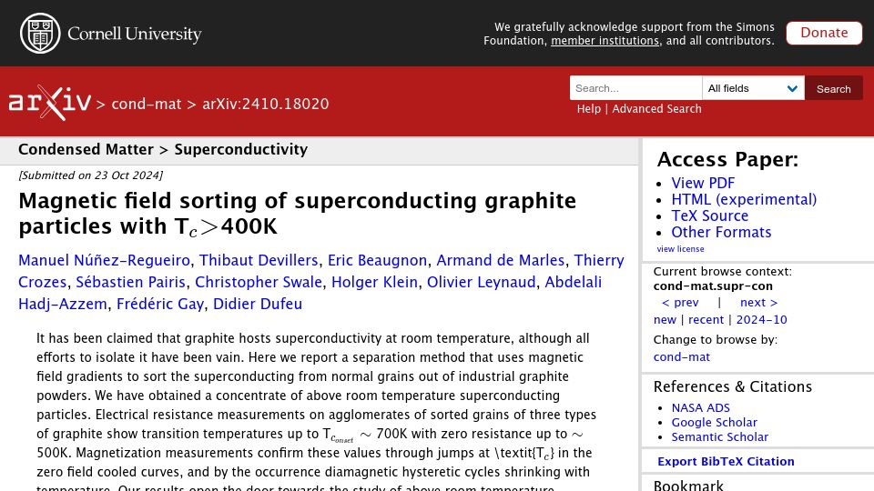 Screenshot of arxiv.org: Magnetic field sorting of superconducting graphite particles with Tc>400K (2024)
