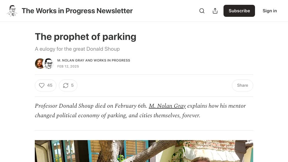Screenshot of worksinprogress.news: The Prophet of Parking: A eulogy for the great Donald Shoup