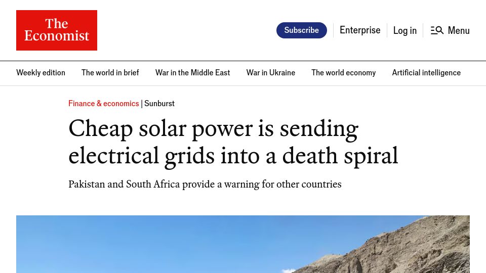 Screenshot of economist.com: Cheap solar power is sending electrical grids into a death spiral