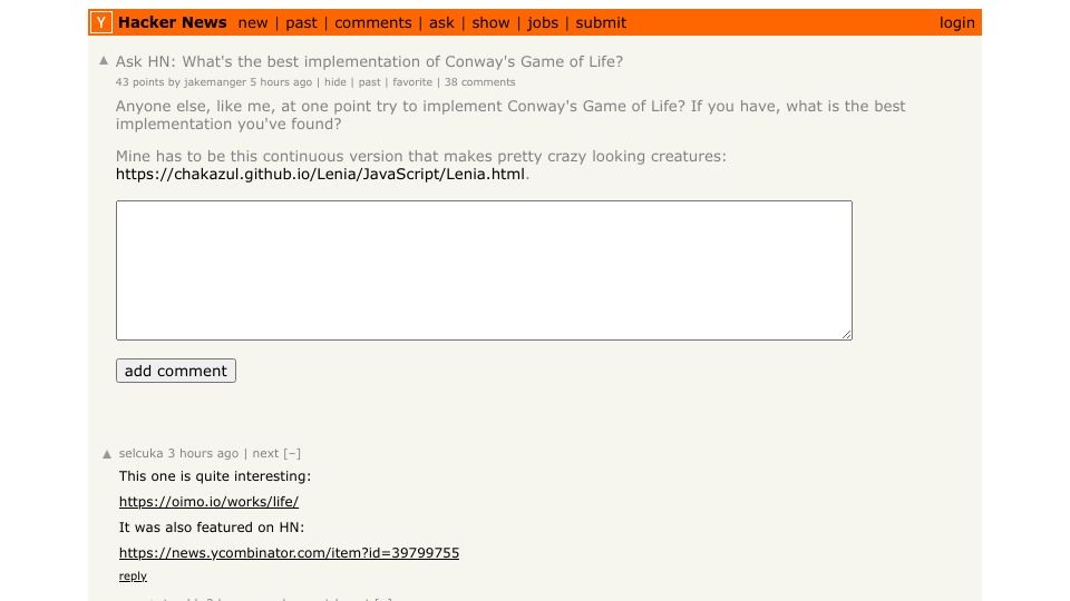 Screenshot of Hacker News post: Ask HN: What's the best implementation of Conway's Game of Life?