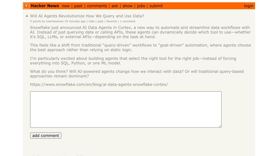 Screenshot of Hacker News post: Will AI Agents Revolutionize How We Query and Use Data?