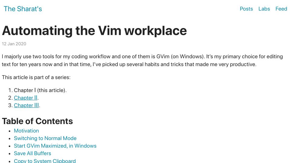Screenshot of sharats.me: Automating the Vim Workplace (2020)