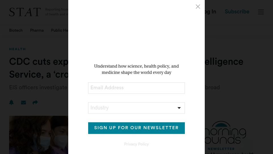 Screenshot of statnews.com: CDC cuts expected to decimate Epidemic Intelligence Service