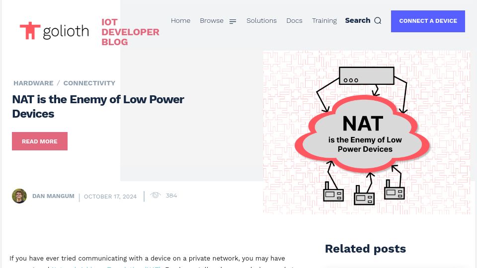 Screenshot of blog.golioth.io: NAT Is the Enemy of Low Power Devices