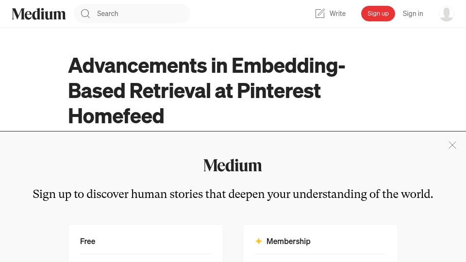 Screenshot of medium.com: Advancements in embedding-based retrieval at Pinterest Homefeed