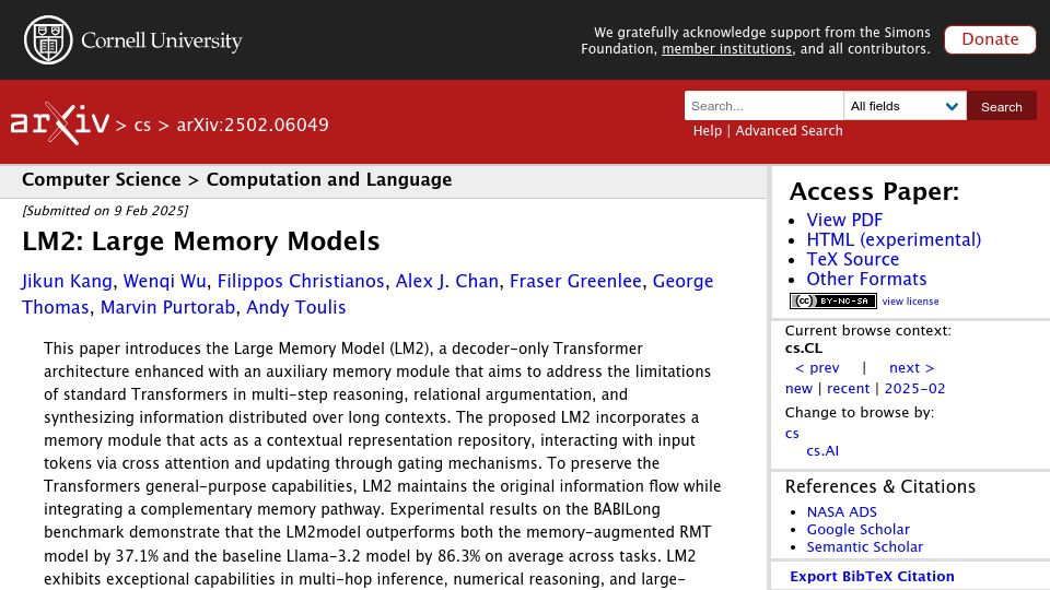 Screenshot of arxiv.org: LM2: Large Memory Models
