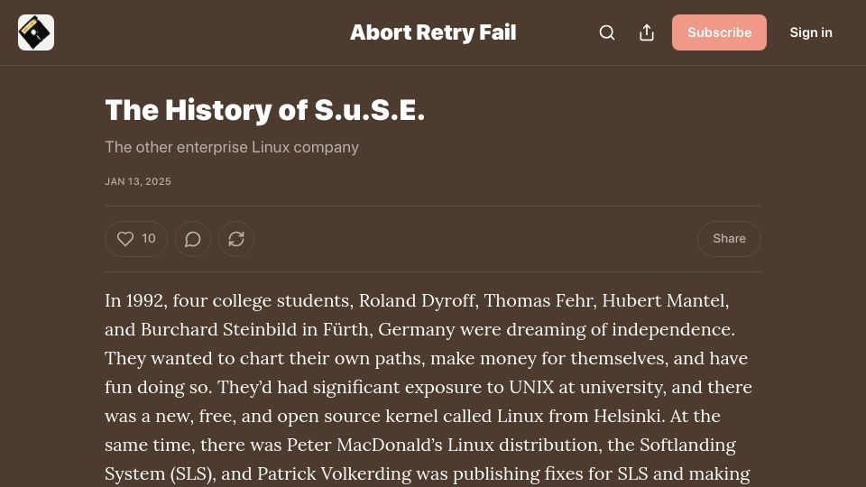 Screenshot of abortretry.fail: The History of S.u.S.E