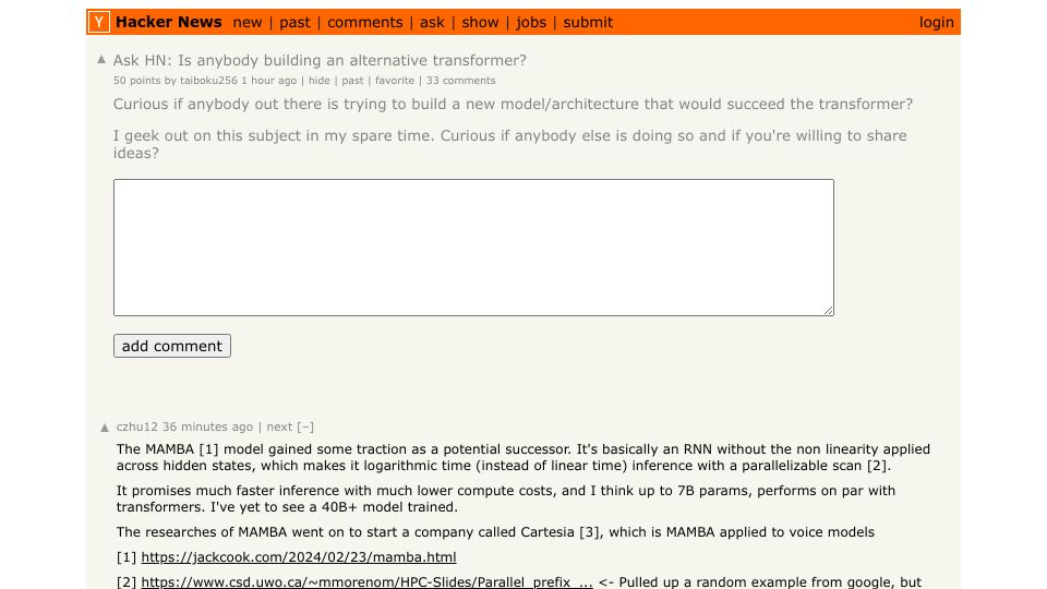 Screenshot of Hacker News post: Ask HN: Is anybody building an alternative transformer?