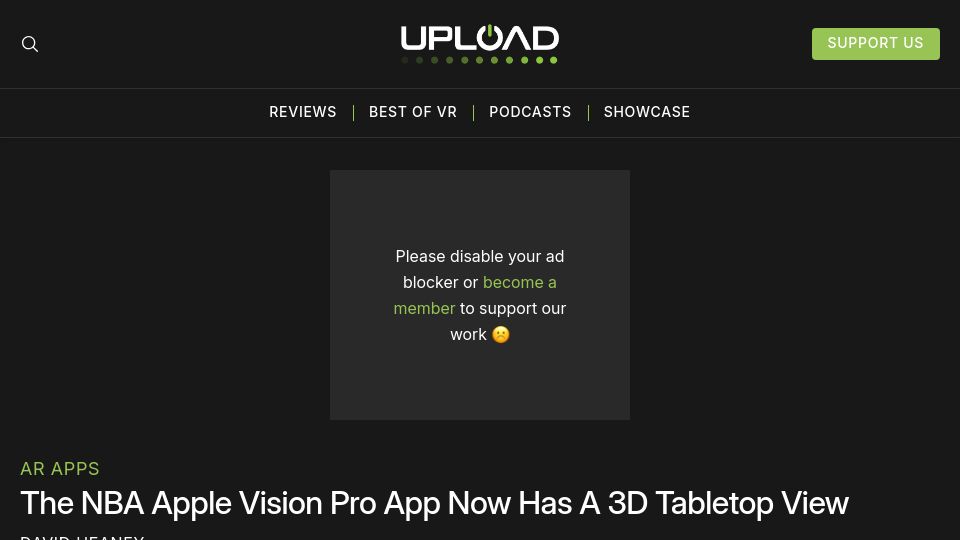 Screenshot of uploadvr.com: The NBA Apple Vision Pro app now has a 3D tabletop view