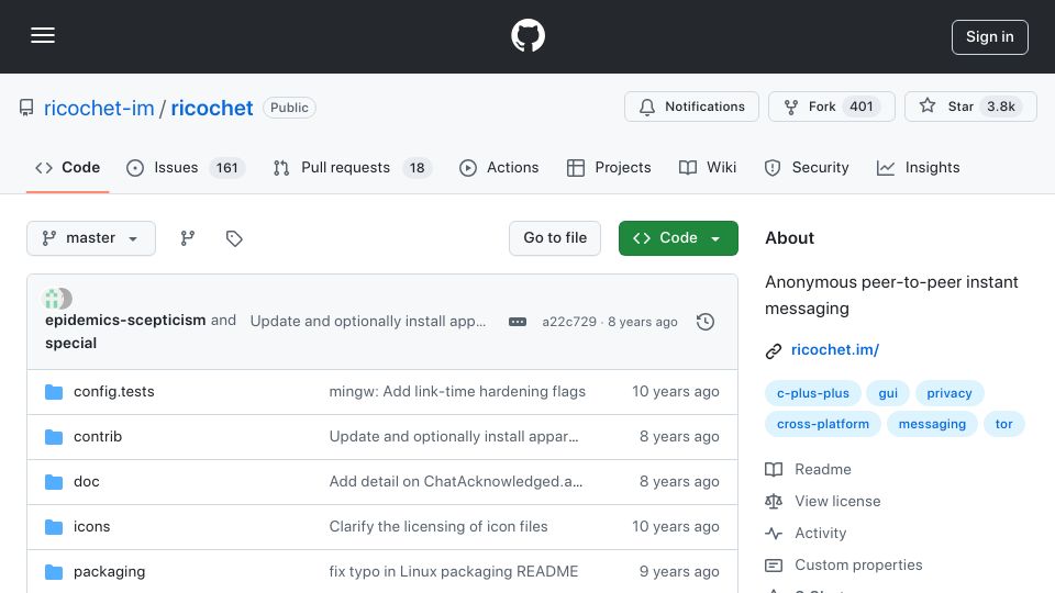Screenshot of github.com: Ricochet: Peer-to-peer instant messaging system built on Tor hidden services (2017)