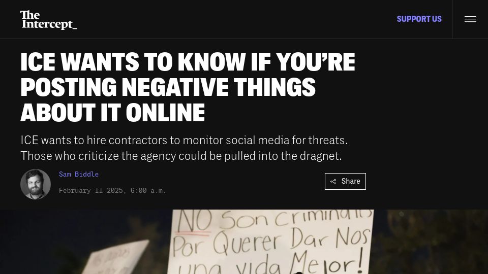 Screenshot of theintercept.com: ICE Wants to Know If You're Posting Negative Things About It Online