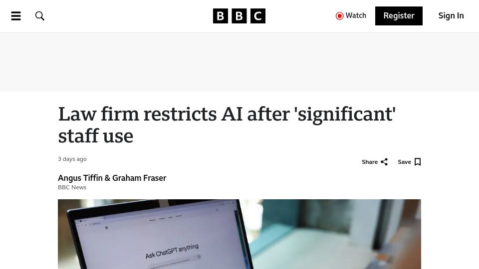 Screenshot of bbc.co.uk: Law firm restricts AI after 'significant' staff use