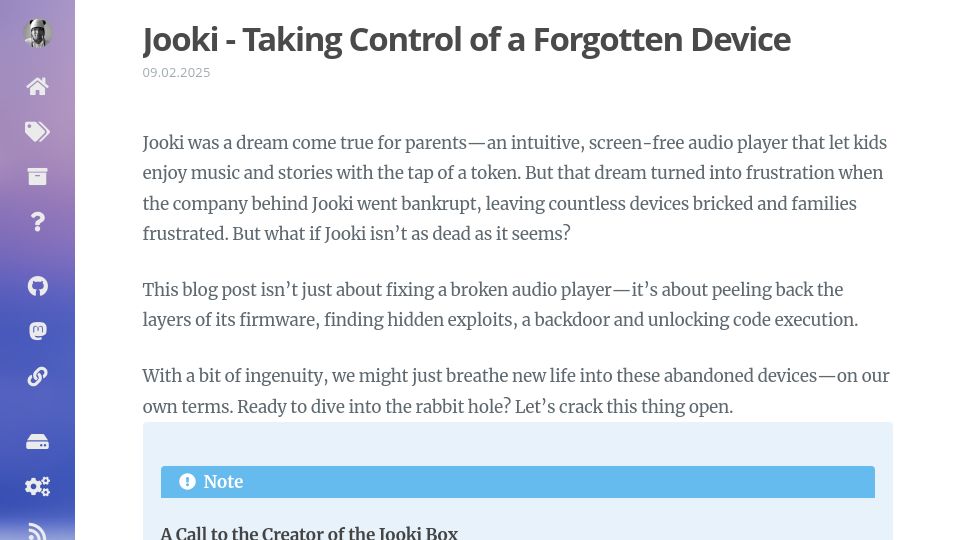 Screenshot of nv1t.github.io: Jooki – Taking Control of a Forgotten Device