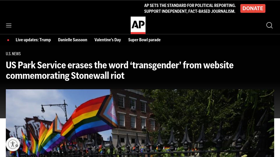 Screenshot of apnews.com: National Park Service erases some words from Stonewall National Monument site