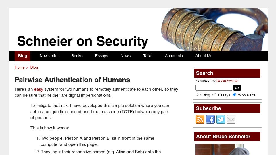 Screenshot of schneier.com: Pairwise TOTP Authentication of Humans