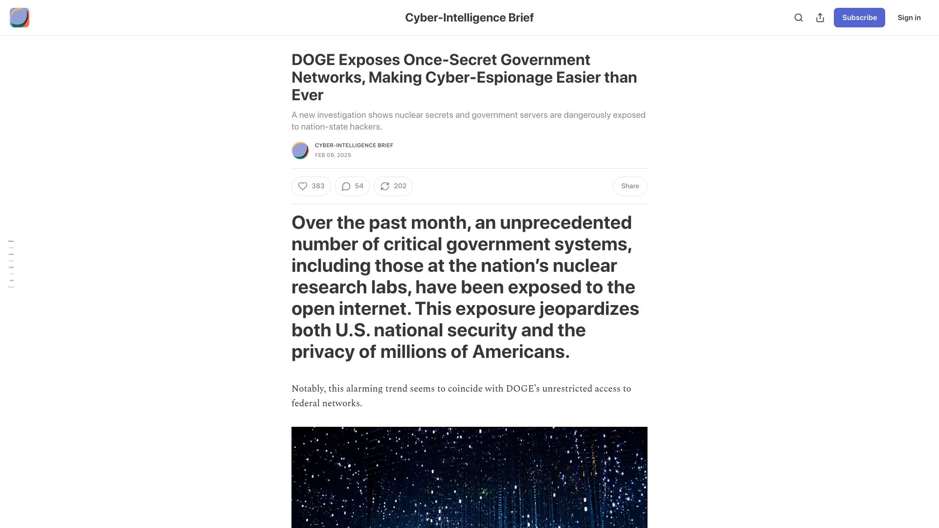 Screenshot of cyberintel.substack.com: DOGE Exposes Once-Secret Government Networks, Making Cyber-Espionage Easier Than