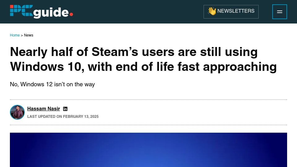 Screenshot of pcguide.com: Nearly half of Steam's users are still using Windows 10