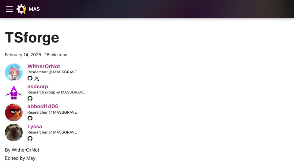 Screenshot of massgrave.dev: TSforge: Reverse Engineering the Windows Software Protection Platform