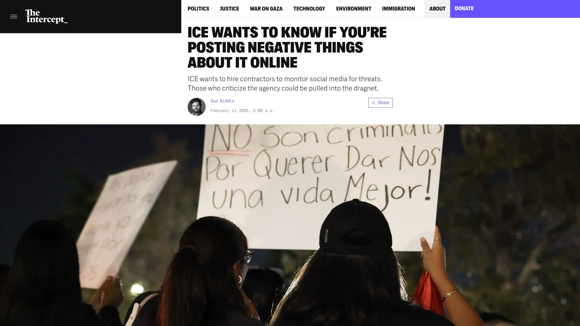 Screenshot of theintercept.com: ICE Wants to Know If You're Posting Negative Things About It Online