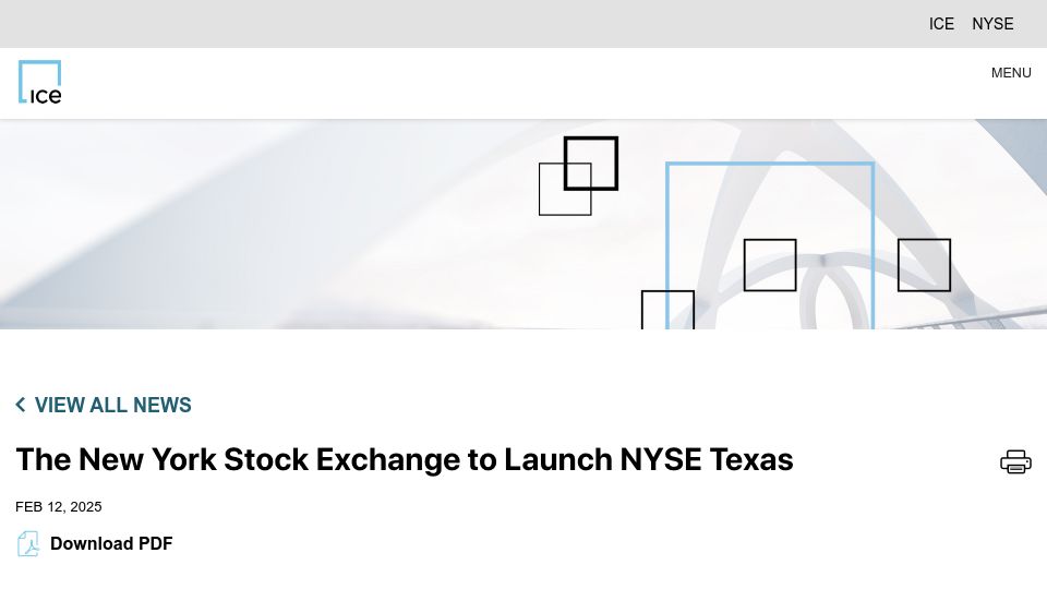 Screenshot of ir.theice.com: The New York Stock Exchange plans to launch NYSE Texas