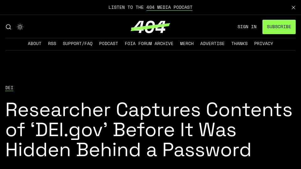 Screenshot of 404media.co: Researcher Captures Contents of 'DEI.gov' Before It Was Hidden Behind a Password