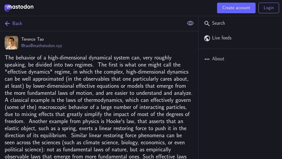 Screenshot of mathstodon.xyz: Complex dynamics require complex solutions