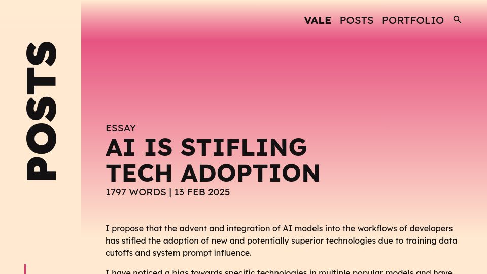 Screenshot of vale.rocks: AI is stifling new tech adoption?
