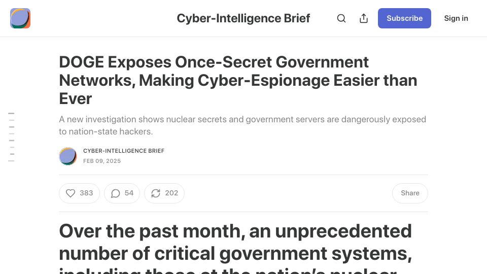 Screenshot of cyberintel.substack.com: DOGE Exposes Once-Secret Government Networks, Making Cyber-Espionage Easier Than