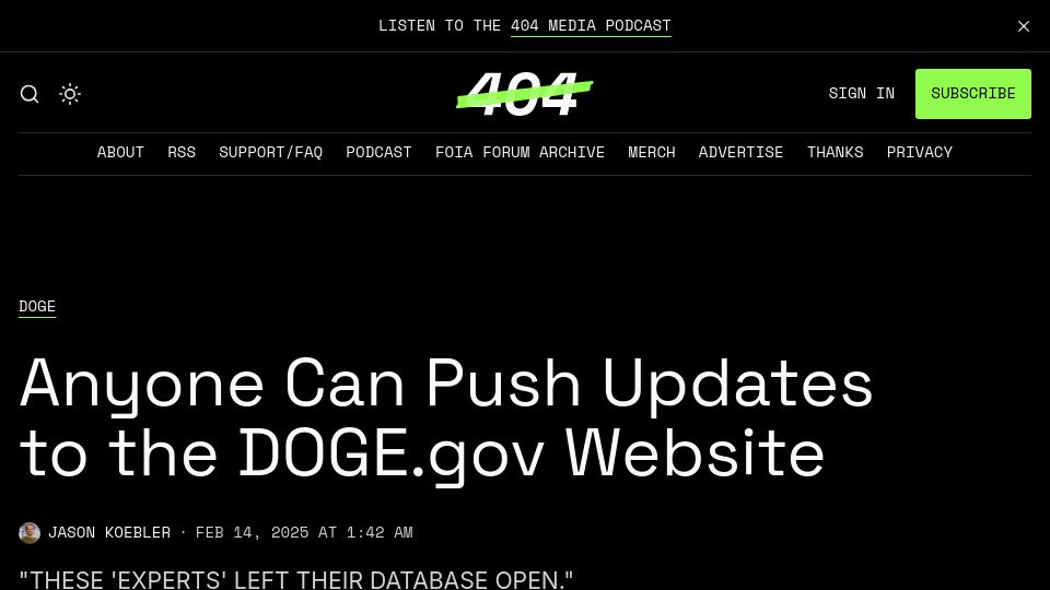 Screenshot of 404media.co: Anyone can push updates to the doge.gov website