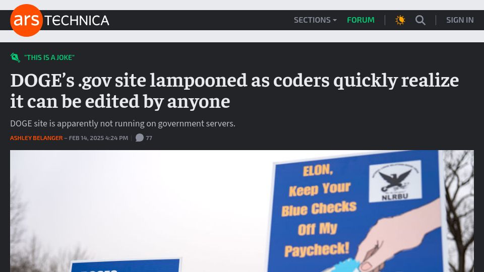 Screenshot of arstechnica.com: DOGE Website Hacked